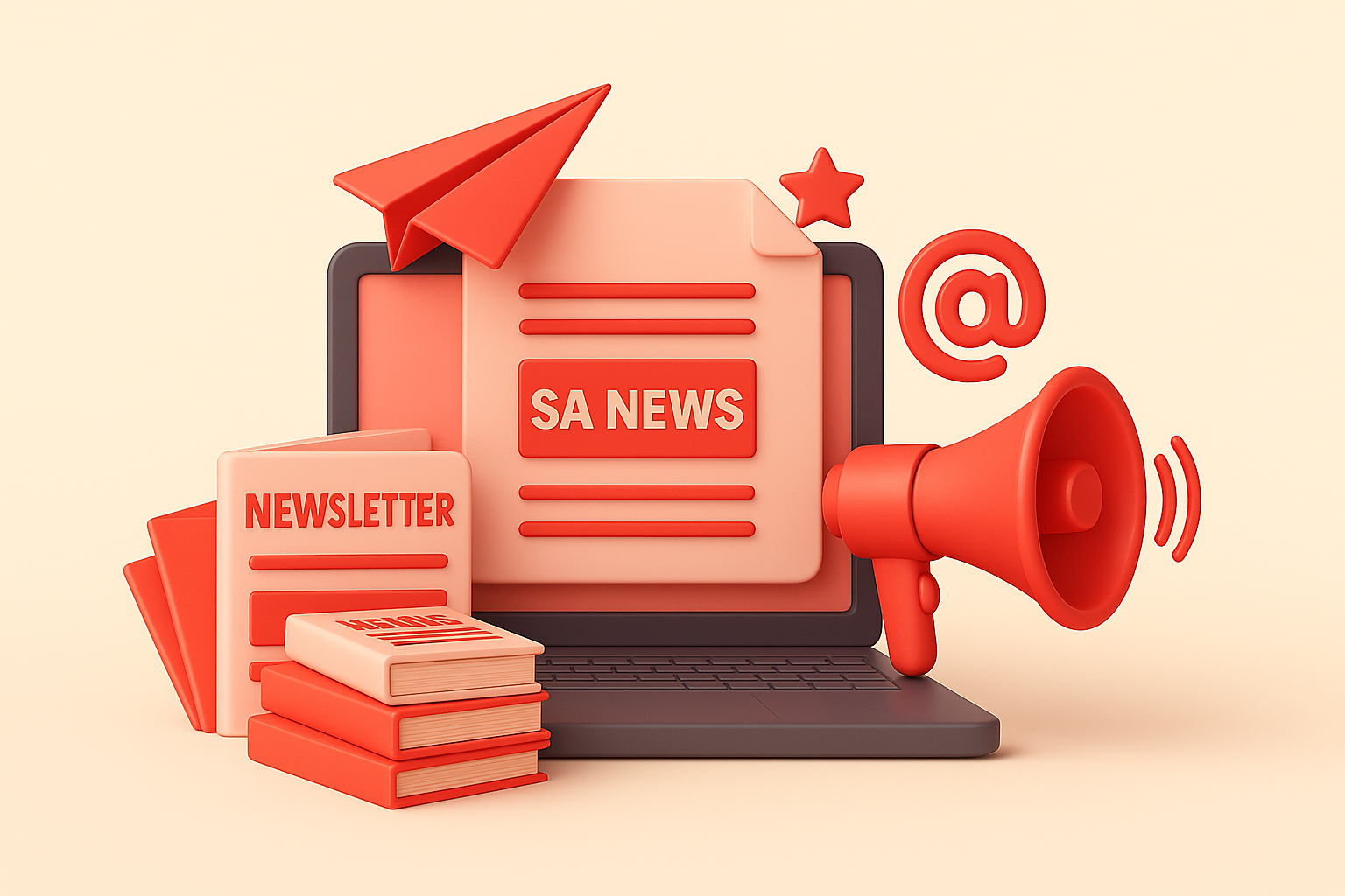 3D newsletter illustration with laptop, paper plane, and books